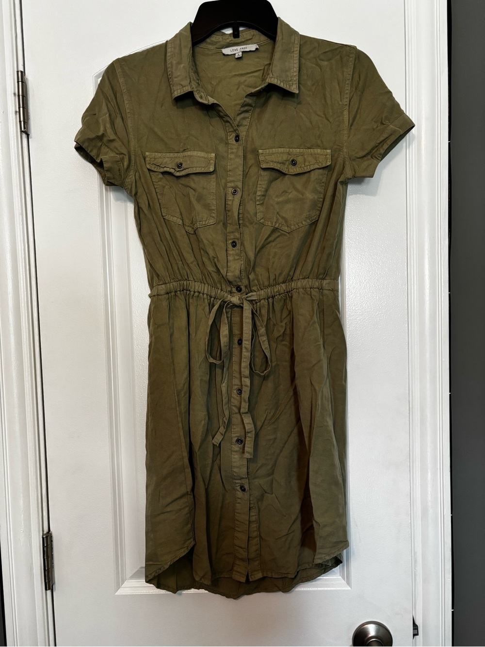 Love Tree Olive Green Short Sleeve Shirt Dress with Waist Tie Small